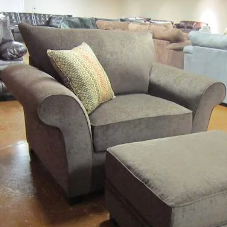 Casual Pillow Back Chair with Flared Arms and Exposed Wood Block Feet